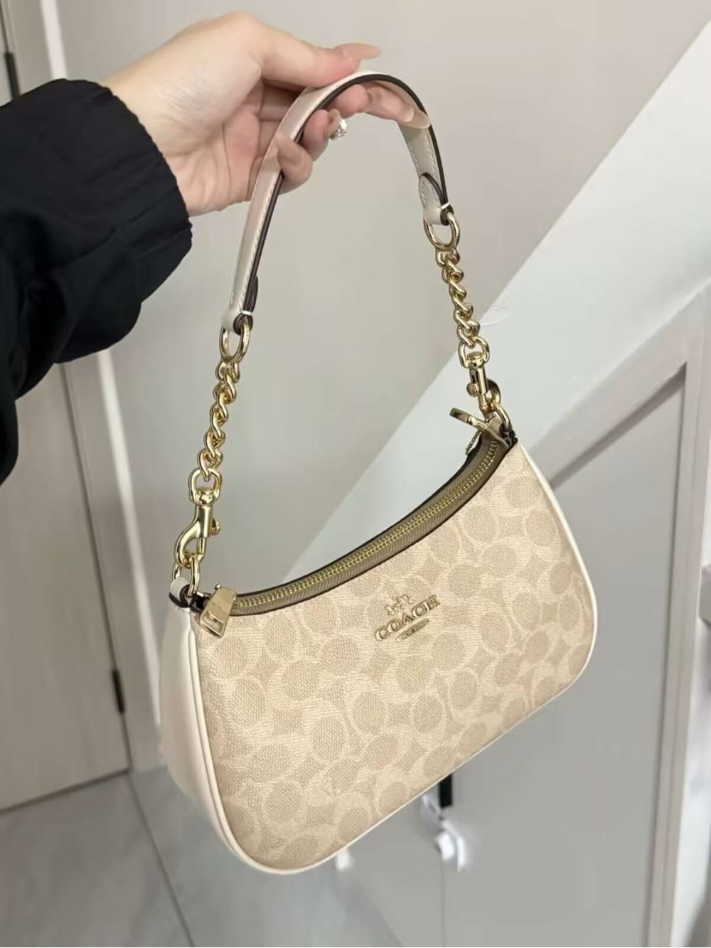 Coach Mini Shoulder Bag in Ivory Signature Canvas with Gold Hardware